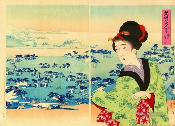  Provinz Kunst - Ein Bijin im Vergleich zu der Schönheit der Kieferninseln in Matsushima in der Provinz Rikuzen Toyohara Chikanobu Japanisch
